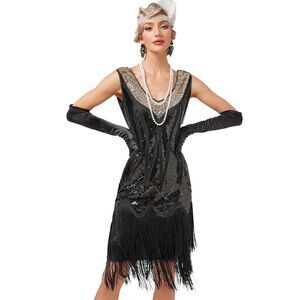 Women's Flapper Dress 1920s Gatsby Sequin Fringed Tassels (Medium)